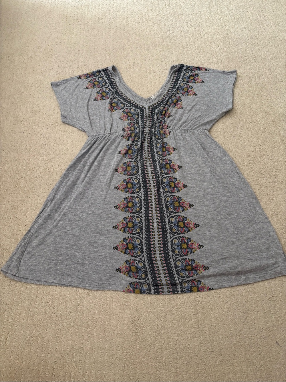 Women’s Juniors Grey Boho V-Neck Tunic Dress or Swim Cover Up Size Medium